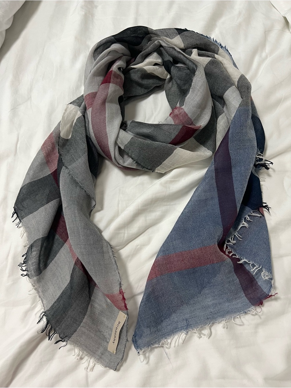Burberry Gray, Blue & Burgundy Plaid Fringe Scarf